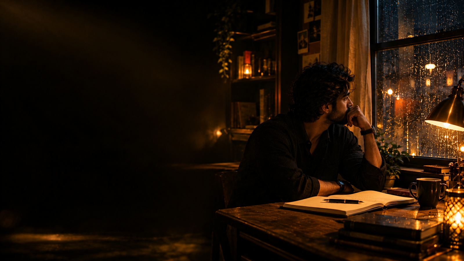 Writer by a rainy window
